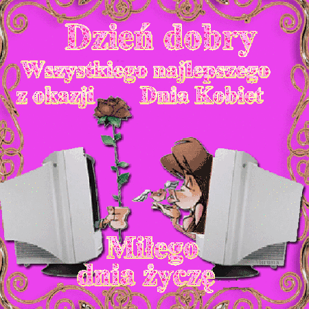 Mężczyzna wyciąga różę z komputera i życzenia na dzień kobiet